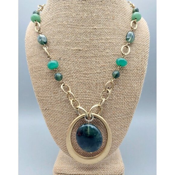 Lia Sophia Gold Tone & Green Chunky Chain Pendant Necklace Statement Boho 18" - Picture 7 of 9